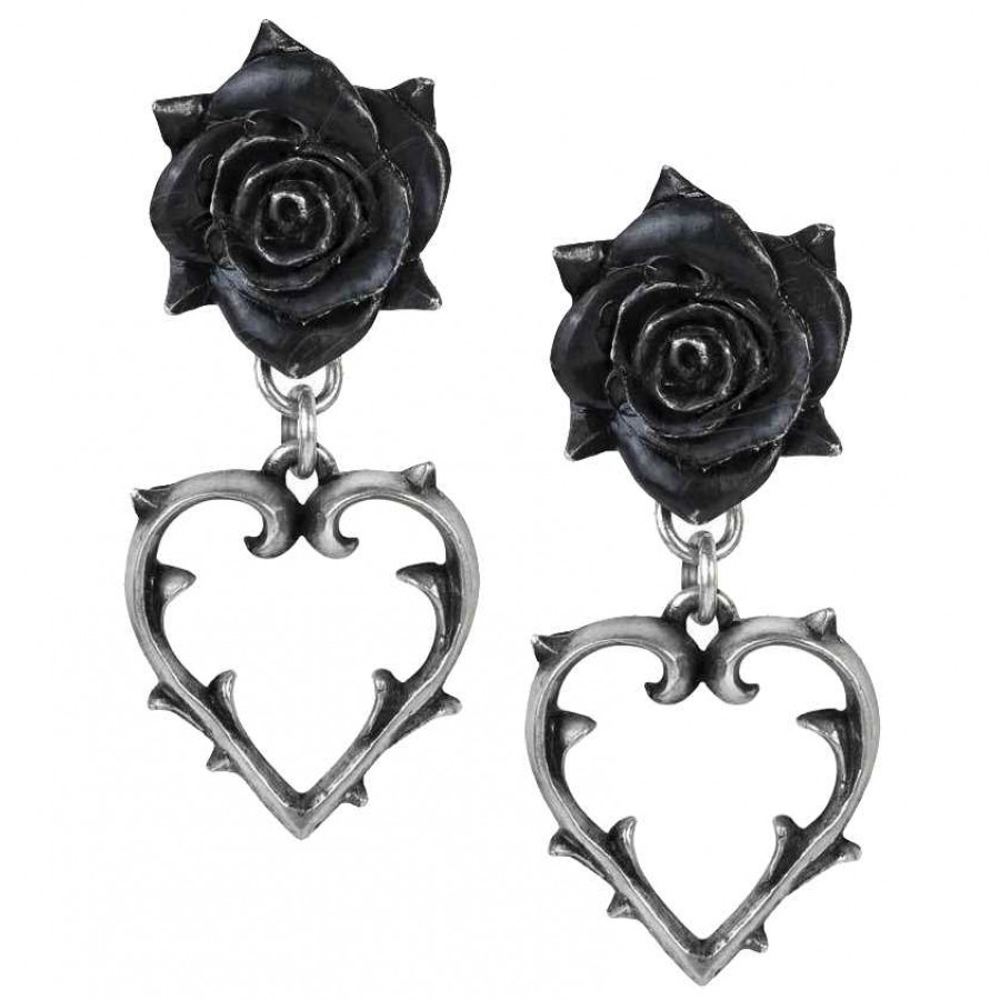 Wounded Love Black Rose Heart Drop Earrings - Gothic Jewelry, Black Roses