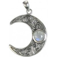 Crescent Moon Sterling Silver Pendant with Rainbow Moonstone