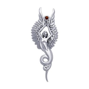 Captured by the Grace of the Angel Phoenix Pendant with Garnet