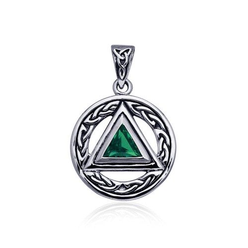 Celtic AA Symbol Silver Pendant with Emerald Gemstone