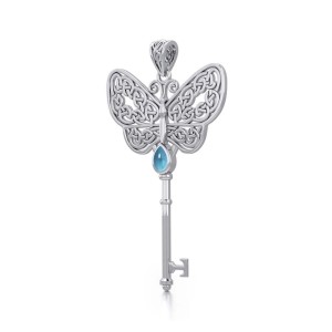 Celtic Butterfly Key Pendant with Blue Topaz Gemstone