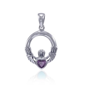 Celtic Claddagh Amethyst Birthstone Sterling Silver Pendant