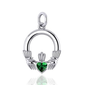 Celtic Claddagh Silver Charm with Emerald