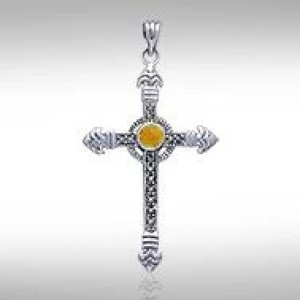 Celtic Cross Marcasite & Amber Pendant 