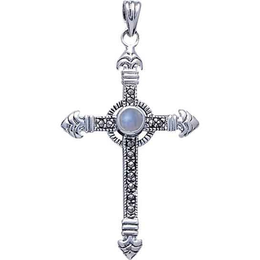 Celtic Cross Marcasite & Rainbow Moonstone Pendant, Sterling Silver ...