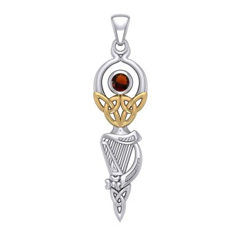 Celtic Goddess with Irish Harp and Gold Accents Garnet Pendant