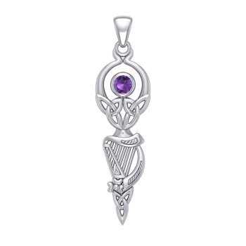 Celtic Goddess with Irish Harp and Amethyst Pendant