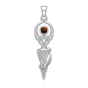 Celtic Goddess with Irish Harp and Garnet Pendant