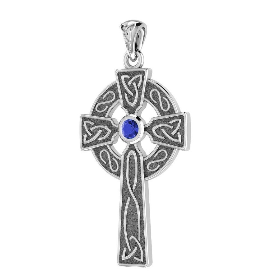Celtic Holy Cross Pendant with Sapphire Gemstone, Sterling Silver, Pagan,