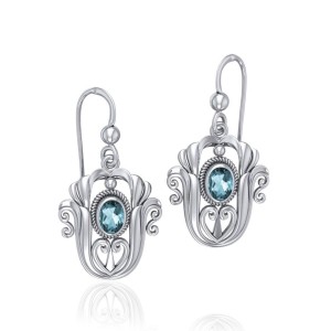 Celtic Knotwork Tulip with Blue Topaz Gem Earrings