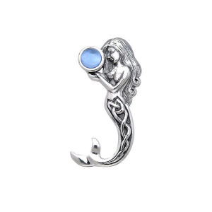 Celtic Mermaid Silver Pendant with Blue Topaz Gemstone