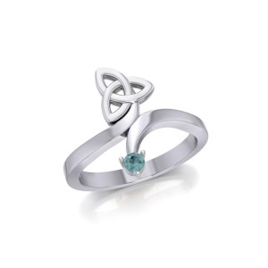 Celtic Trinity Knot with Round Blue Topaz Gem Silver Ring