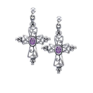 Gothic Cross Amethyst Earrings