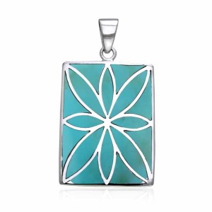 Flower Flat Turquoise Cabochon Rectangle Pendant 