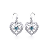 Flower in Heart Silver Earrings with Blue Topaz