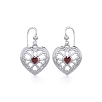 Flower in Heart Silver Earrings with Garnet