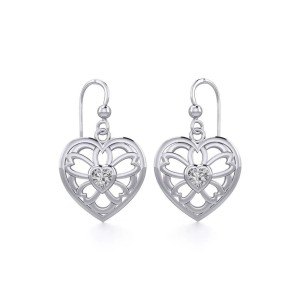 Flower in Heart Silver Earrings with White Cubic Zirconia