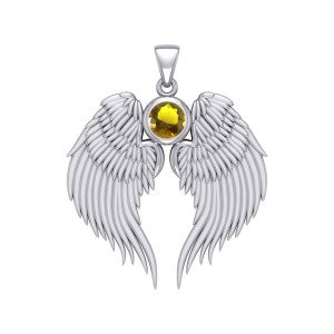 Guardian Angel Wings Silver Pendant with Citrine Birthstone for November