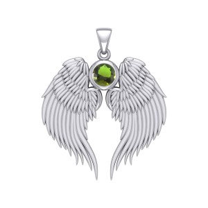 Guardian Angel Wings Silver Pendant with Peridot Birthstone for August