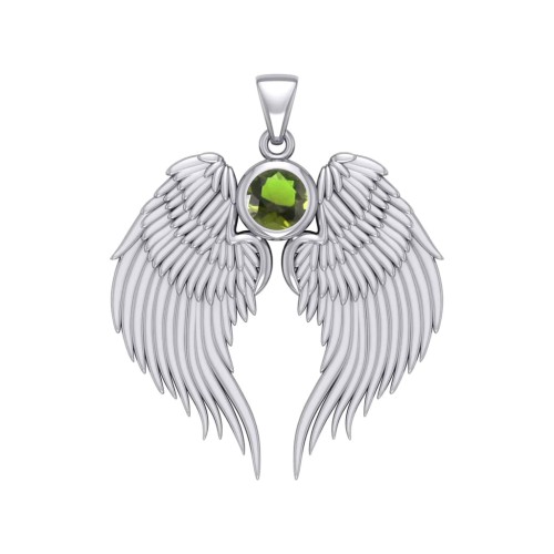 Guardian Angel Wings Silver Pendant with Peridot Birthstone for August