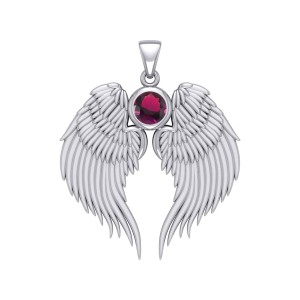 Guardian Angel Wings Silver Pendant with Ruby Birthstone for July