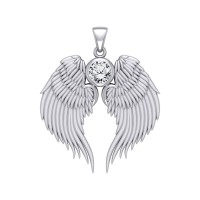 Guardian Angel Wings Silver Pendant with White Cubic Zirconia Birthstone for April