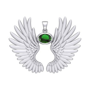 Guardian Angel Wings II Pendant with Emerald May Birthstone 