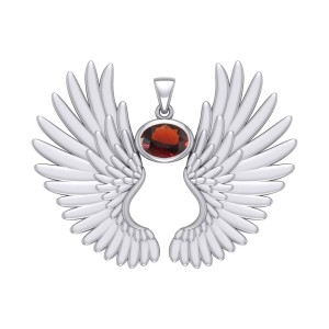 Guardian Angel Wings II Pendant with Garnet January Birthstone 