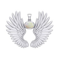 Guardian Angel Wings II Pendant with Opal October Birthstone 