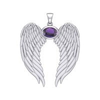 Guardian Angel Wings Pendant with Oval Amethyst Birthstone for February