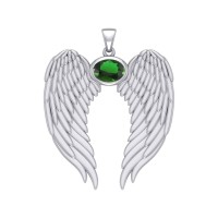 Guardian Angel Wings Pendant with Oval Emerald Birthstone for May