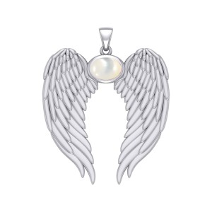 Guardian Angel Wings Pendant with Oval Mother of Pearl Birthstone for June