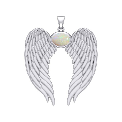 Guardian Angel Wings Pendant with Oval Opal Birthstone for October