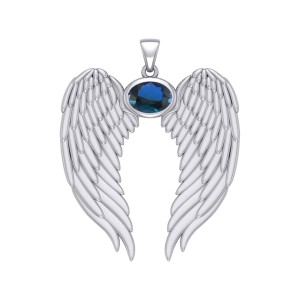 Guardian Angel Wings Pendant with Oval Sapphire Birthstone for September