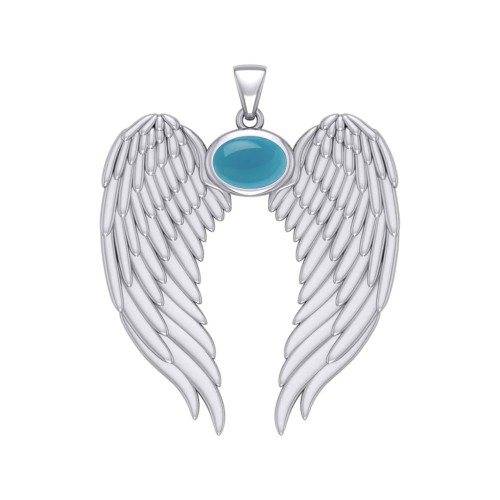 Guardian Angel Wings Pendant with Oval Turquoise Birthstone for December