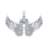 Guardian Angel Wings III Pendant with Aquamarine March Birthstone 