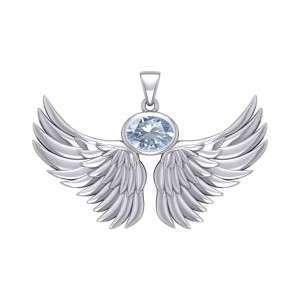 Guardian Angel Wings III Pendant with Aquamarine March Birthstone 