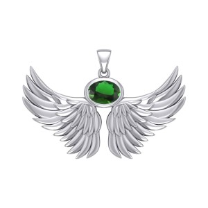 Guardian Angel Wings III Pendant with Emerald May Birthstone 