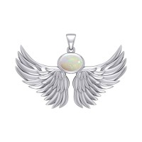 Guardian Angel Wings III Pendant with Opal October Birthstone 