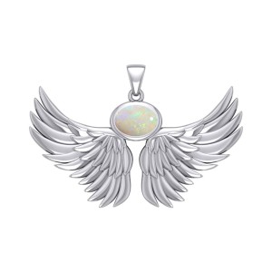 Guardian Angel Wings III Pendant with Opal October Birthstone 