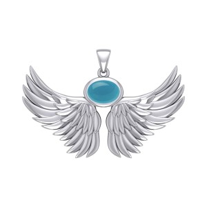 Guardian Angel Wings III Pendant with Turquoise December Birthstone 