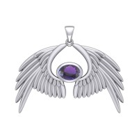 Guardian Angel Wings IV Pendant with Amethyst February Birthstone 