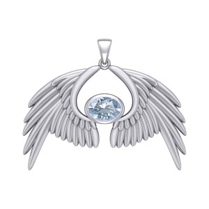 Guardian Angel Wings IV Pendant with Aquamarine March Birthstone 