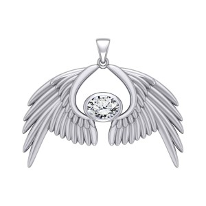 Guardian Angel Wings IV Pendant with White Cubic Zirconia April Birthstone 