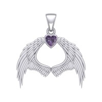 Guardian Angel Wings Pendant with Heart Amethyst Birthstone for February 
