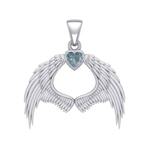 Guardian Angel Wings Pendant with Heart Aquamarine Birthstone  for March