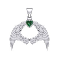 Guardian Angel Wings Pendant with Heart Emerald Birthstone for May