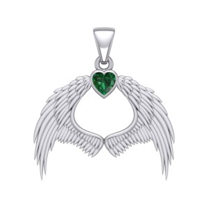 Guardian Angel Wings Pendant with Heart Emerald Birthstone for May