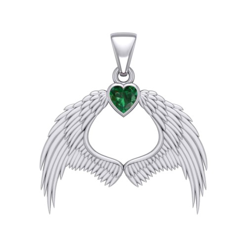 Guardian Angel Wings Pendant with Heart Emerald Birthstone for May