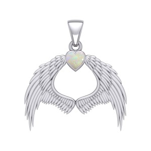 Guardian Angel Wings Pendant with Heart Opal Birthstone for October